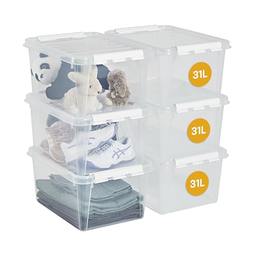 SmartStore Scatole di stoccaggio in plastica da 31L con coperchi Set di 6 Impilabili e Sovrapponibili - Garanzia di 10 Anni - Sicure per Alimenti - Chiusura con Clip - L50 x P39 x A26 cm