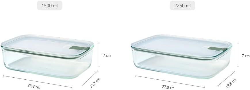 Mepal Easyclip Glass Containers with Lids, Snap Closure, for Microwave, Steamer, Oven, Refrigerator and Freezer, Airtight, 2 X 1000 + 2250 Ml, Nordic Sage