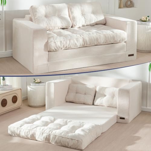 Image of MAXYOYO Convertible Sofa Bed, Pull Out Loveseat Sofa Couch, Fold Out Floor Couch with Pillows for Living Room Bedroom Lounge, Beige