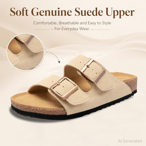 JALIRO Women's Cork Sandals, Suede Upper, Double Buckle, Arch Support & Non-Slip for Summer Wear, Khaki, size 6 - image 4