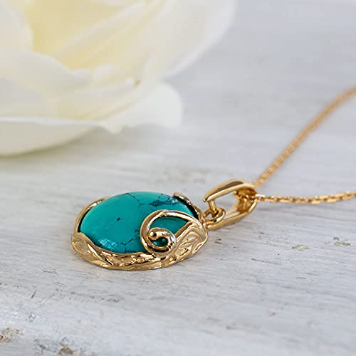 14K Yellow Gold Plated Over 925 Sterling Silver And Turquoise Large Pendant; Natural December Birthstone Round Pendant; Unique Jewelry For Women ; Handmade Vintage Style Turquoise Necklace For Women #TOP4
