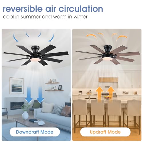 Image of 52 inch8-Blade Black Modern Low Profile Ceiling Fans with Lights and Remote /APP | Supports Remote and APP,6 Wind Speeds, Reversible, Dimmable 3CCT LED Light, 30W Quiet DC Motor,2H Timer,8 Double-Sided Blades