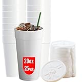 20 OZ Foam Cups With Lids for Hot & Cold Drinks, USA-Made 25-Pack. Ideal Styrofoam Coffee Cups, Insulating To-Go Cups for Soda, Tea, Juice - Sturdy, Disposable & comparable to Industry standard 20J20