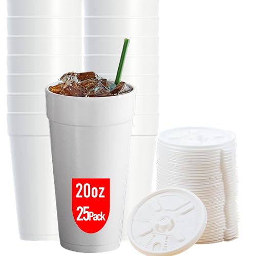 20 OZ Foam Cups With Lids for Hot & Cold Drinks USA-Made 25-Pack. Ideal Styrofoam Coffee Cups Insulating To-Go Cups for Soda Tea Juice - Sturdy Disposable & comparable to Industry standard 20J20