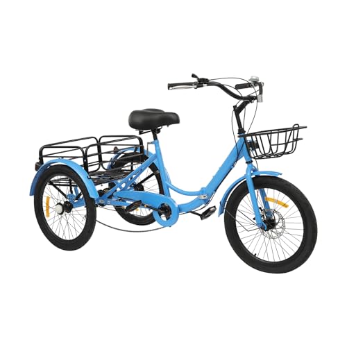 Bicicleta de 7 velocidades de 3 ruedas con candado, triciclo plegable para adultos, 20 pulgadas, para excursiones y para entrenar, se utiliza en azul, 167 x 75 cm