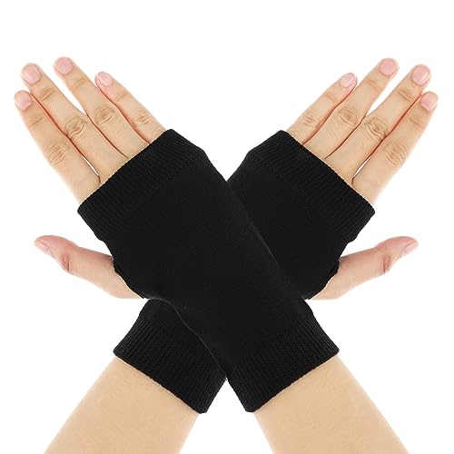 Sibba Guanti Senza Dita Invernali A Mezze Dita Spessi In Cotone Elasticizzato A Maglia Guanti Polsi A Maglia Foro per Pollice Ufficio Digitazione Telefono Artrite Unisex Uomo Donna 1 Paio Nero