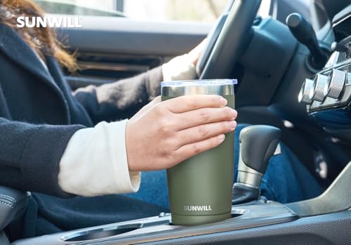 Image of SUNWILL Travel Coffee Tumbler 20 oz, Insulated Mug with Lid, Stainless Steel Iced Cup for Outdoor, Powder Coated Camp Green