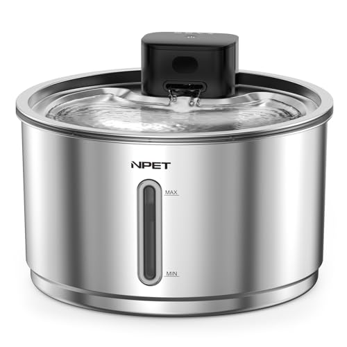 NPET Stainless Steel Wireless Cat Fountain, 1Gallon/135oz Battery Operated Automatic Pet Drinking Fountain - Cordless Dog Water Dispenser with Water Level Window for Cats Indoor