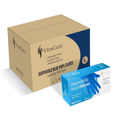 ViraCare 1000 x Blue Disposable Gloves Large | Vinyl Gloves Disposable | Latex free glove | Powder Free Glove | Strong And Non-Sterile | (Large)