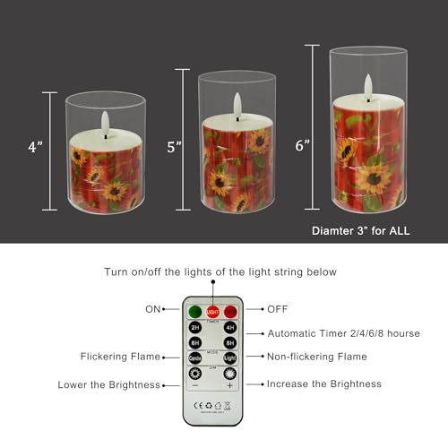 Image of Flickering Flameless Candles Sunflowers Embedded Star String Lights, Battery Operated Acrylic LED Pillar Candles with 11-Key Remote and Timer for Home Decoration, 3 Pack