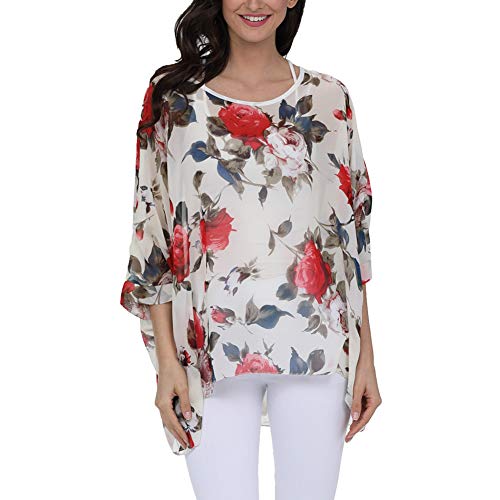 Image of Ckikiou Plus Size Batwing Flowy Semi Sheer Chiffon Blouse Tunic for Women Summer Floral Print Boho Beach Cover ups