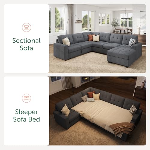Image of HONBAY Modular Sectional Sleeper Sofa with Pull Out Bed, U Shaped Sleeper Couches with Storage Chaise, 114'' Sleeper Sectional Sofas for Living Room, Apartment (Bluish Grey)