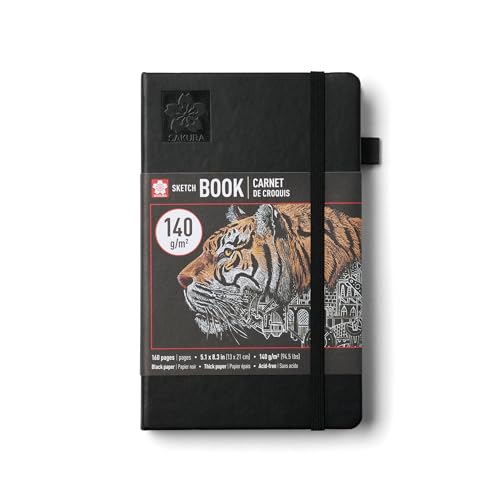 Sakura Sketchbook A5 - Drawing Sketchbook for Visual Journaling, Effortless Sketching & Personal Use - 140 GSM Paper - Hardcover Hardcover - 160 Pages - 5.1 x 8.3" - Black - Black Paper