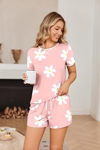 Image of Ekouaer Women Pajama Set Casual Shorts Sets Short Leeve Lounge Set | Soft Sleepwear Top and Shorts for Daily Wear, Home, Party for Mom, Wife