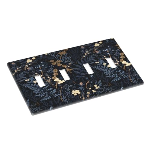 Decorative Switch Plate Covers Rustic Navy Dark Blue Leaves Golden Floral 4 Gang Light Switch Cover Plate Quad Toggle Wall Plate Light Switch Covers for Bedroom Home Decor