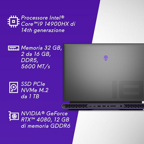 m18 R2 Gaming Laptop - 18" QHD+ 165Hz NVIDIA G-SYNC DCI-P3, Intel Core i9-14900HX, 32GB RAM, 1TB SSD, NVIDIA RTX 4080, Windows 11 Home, AlienFX RGB, QWERTY Keyboard, Dark Metallic Moon - Notebook - Immagine 7