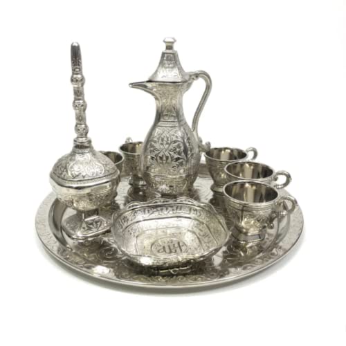 Vintage Metal Turkish Coffee Tea Zamzam Water Pot Drinking Set | Serving Tray, Pot, 6 Cups, Bowl Sets | Mid Century Coffee Teapot Set, Turkish Islamic Decoration (Silver)