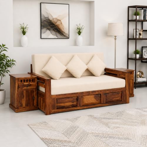 Image of SONA ART & CRAFTS Regal Sheesham Wood 3 Seater Sofa Cum Bed with Bedside | Wooden 3 Seater Sofa for Living Room Wooden Furniture Sofa Bed for Home (Natural Finish)