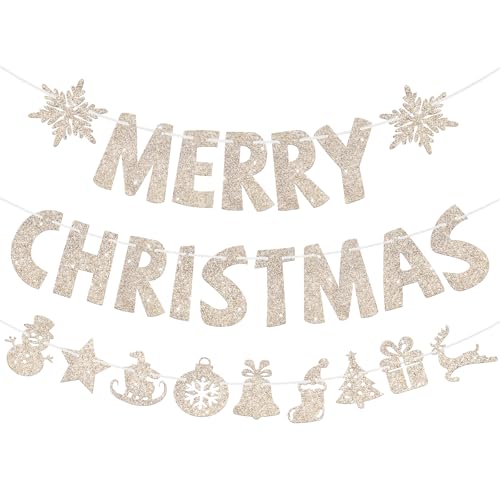 VitalCozy 3 striscioni con scritta "Merry Christmas" glitterati, pre-assemblati, da appendere, decorazione per interni ed esterni, per feste, casa, portico, camino (bianco, oro champagne)