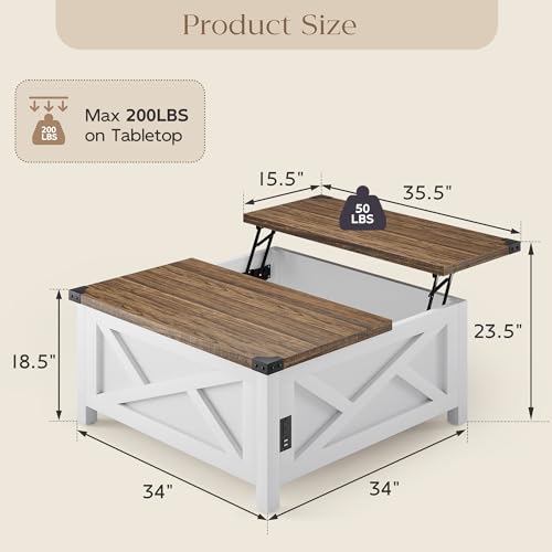 MU Lift Top Coffee Table, Farmhouse Wood with Hidden Storage & Charging Station, White