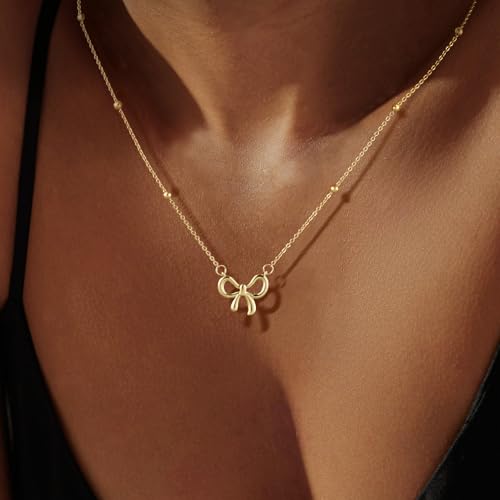 CAROVO Gold Necklace for Women Bow Necklace 14K Dainty Layered Gold Necklace Cute Small Cubic Zirconia Bow Pendant Choker Chain Necklace Trendy Necklace Jewelry Gift for Women4