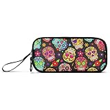 Fisyme Flower Sugar Skull Pencil Case Large Capacity Pen Box Makeup Pouch Holder Organizer Stationery Bag for School Office College Traval Adults