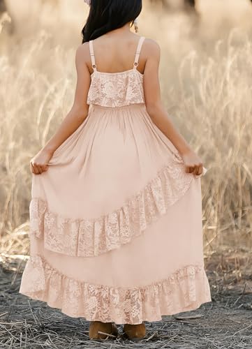 MITILLY Girls Boho Lace Flower Dresses Spaghetti Strap A-Line Ruffle Tiered Flowy Wedding Party Maxi Dress with Pockets4