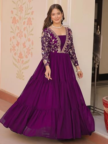 Image of FOXDX Womens Faux Georgette Sequence Embroidered Ankle Length Anarkali Gown for Women| Festival | Trending |