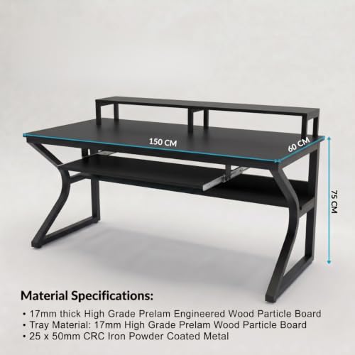 Image of TEKAVO Plik Computer Table for Home Pc | Office Table for Home | Shelf, Moniter Riser & Keyboard Tray, Laptop Table, Worktable, Study Table, Workstation | Black Wood, Metal, (150 Cm x 60 Cm) DIY