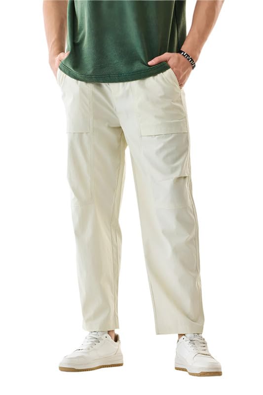 Image of SNITCH Men Cargo Pants | Straight Fit Solid Pattern with Utility Pockets & Adjustable Belt | Durable Nylon Cotton Blend for Casual & Streetwear Styling