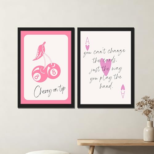 Image of NoWorries Pink Playing Cards Wall Painting Set | Cherry on Top and Ace Quote Art Prints | Aesthetic Card Theme Wall Decor | Premium 300 GSM Paper Print with Synthetic Wooden Frame | Modern Decor for Bedroom & Living Room (Set of 2) (BLACK, ART-4, 13X19INCHES)