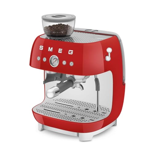 Image of Smeg EGF03 Semi-Automatic Espresso Machine with Built-In Grinder, Dual Thermoblock, 50's Retro Style - Red (120 V)