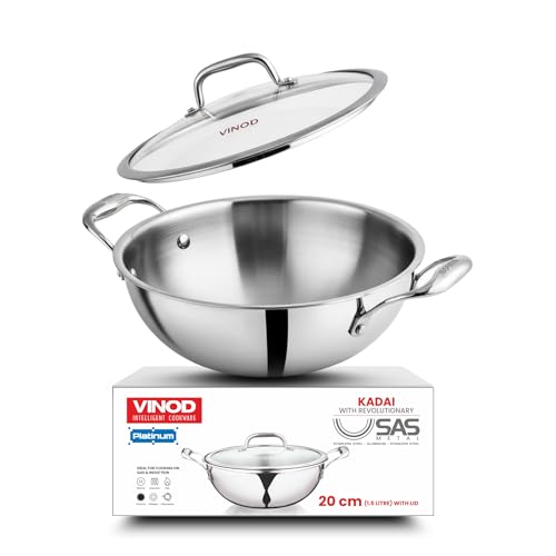 Vinod Platinum Triply Stainless Steel Extra Deep Kadai with Glass Lid - 1.8 L, 20 cm | 2.5mm Base, Even Heating, Less Oil Healthy Cooking, Heavy Botto
