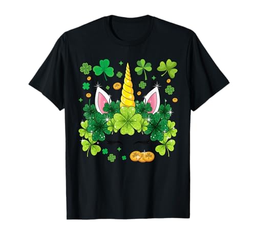 Happy St Patrick's Day Unicorn Face Irish Shamrock Heart T-Shirt