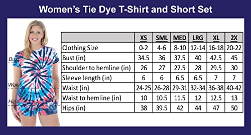 Sleepyheads Women's 2 Piece Short Sleeve Tie Dye Shorts Loungewear Pajama Set, Shorts Set - Red, White, Blue Spiral Tie Dye, Small #TOP4