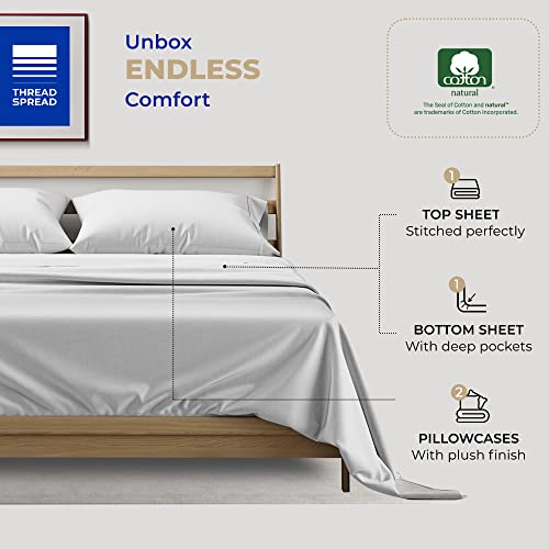 THREAD SPREAD 100% Cotton Sheets for Queen Size Bed - 400 Thread Sateen Weave 4 PC Queen Silver Grey Cotton Sheets, Deep Pocket Queen Sheet Set, Extra Soft Cooling Sheets Queen Size for Hot Sleepers - Thumbnail 3