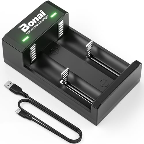 Cargador 18650, BONAI 18650 Litio Cargador Inteligente de Pilas, Cargador Pilas AA AAA C y D, para Pilas Recargables 18650 18500 18350 17650 17670 17500 22650 25500 22700 con Puerto USB