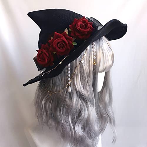Black Witch Hat Halloween Party Costume Women Girls Big Bow Rose Headband Wicked Wizard Hat Large Brim Witch Cosplay Sun Hat2