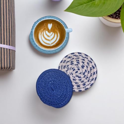 Image of Set of 6 Cotton Drink Coasters - Teal Blue Absorbent Table Mats for Hot & Cold Drinks, Round Fabric Coasters for Dining Table, Tea /Coffee /Cold Drinks- 10 cms