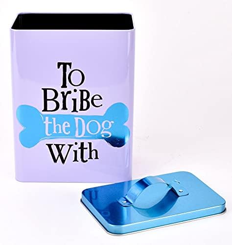 Widdop and Co Fun, Humorous Dog Biscuit Treat Storage Tin - To Bribe the Dog With - White, Black, Metallic Aqua Blue - 22.5cm
