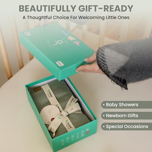 Image of Pointelle Double Layer 100% Tencel Baby Blanket - Breathable Temperature Regulating - Oeko-TEX Certified - 30x40 inch - Gift Box with Ribbon (Green)