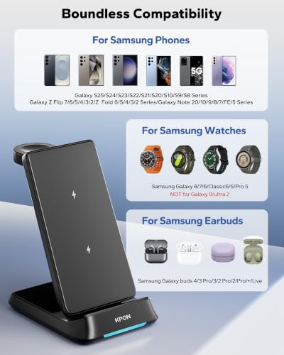 Image of KPON 3 in 1 Charging Station for Samsung, Wireless Charger for Thick Cases, Foldable Phone and Watch Charger Stand for Galaxy S26 /S25 /S25 Ultra /S24 /Android Devices, Galaxy Watch Not for watch9 /ultra2