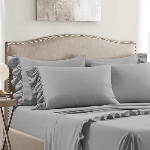 Image of Lush Decor Reyna Ruffle Sheet Set 6 Piece Set Full, Dark Gray - Full Sheets - Kids Bed Sheets - Full Size Bed Sheet Set - Coquette Bedroom Decor