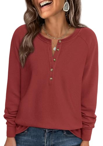 Image of PRETTYGARDEN Women's Long Sleeve Waffle Knit Henley Shirts Loose Tunic Tops