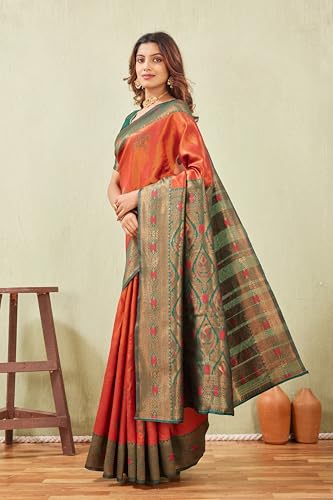 Image of Women's Banarasi Silk Saree with Rich Pallu, Jacquard Zari Weaving Work & Unstitched Blouse Piece, Traditional Ethnic for Wedding, Party & Festive Occasion