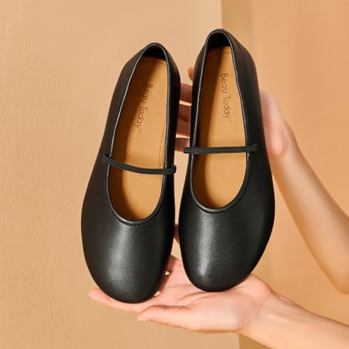 BEAU TODAY Womens Mary Jane Fats, Genuine Leather Ballet Flats for Women, Comfortable Sheepskin Round Toe Mary Jane Shoes Cute Fashion Flat Shoes3