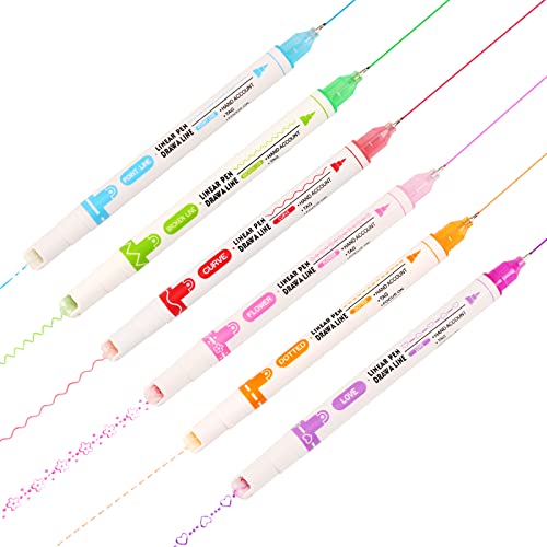 Curves Highlighter Pen Set, Double Tips Curve Pens, Flair Pens That Make Patterns,Highlighter Markers with 6 Different Curve Shapes for Writing Drawing Card-Coloring(6pcs)