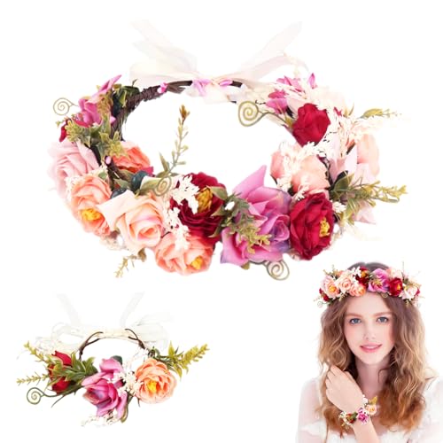 Blumenkranz Haare, Braut Haarschmuck Set, Blumenhaarreife Damen Blumen Haarkranz & Armband,...