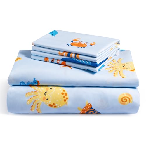 LuxClub 4 PC Full Sheet Set Blue Whale, Kids Bed Sheets Twin Size, Toddler Bedding Set for Girls, Boys, Teens - Deep Pocket - Machine Washable - Soft Microfiber