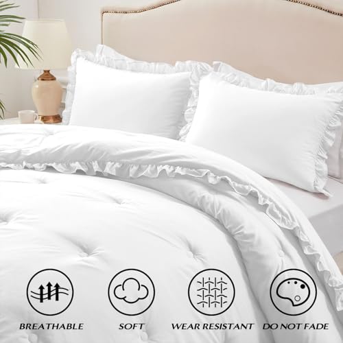Image of HARBOREST Queen Comforter Set White - Ruffle Comforter for Queen Size Bed, Fluffy Queen Size Comforter Set for All Seasons, 3 Pieces(1 Comforter & 2 Pillow Shams)